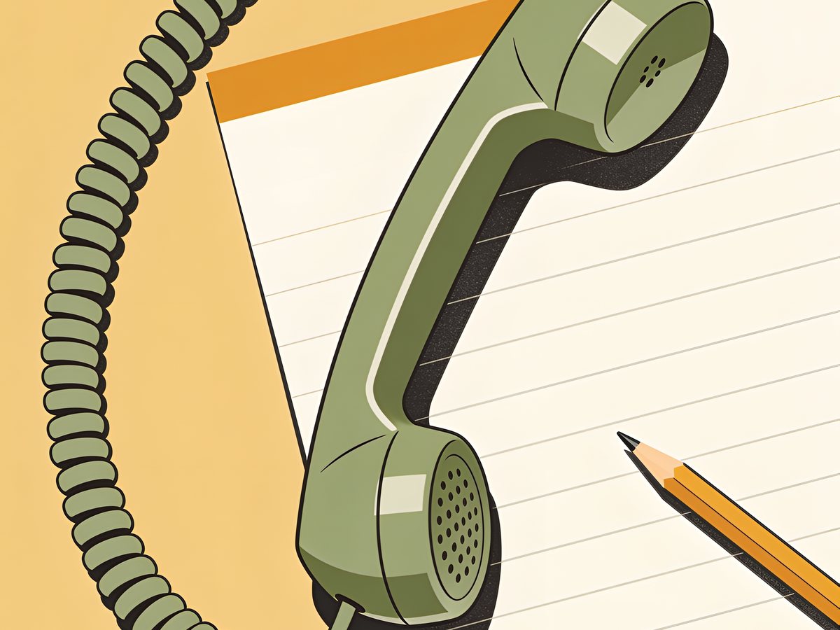 A telephone handset resting on a sheet of ruled paper beside a pencil